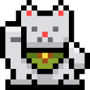 Lucky cat beckoning with its paw in a retro pixel art style.