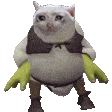 A crying cat face edited onto the body of Shrek standing in a swampy outfit.