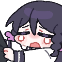 Anime girl with purple hair looking distressed and teary-eyed while clutching her clothing.