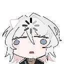 Anime character with a black and white loading spinner icon on their forehead looking blankly.