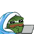 Pepe the Frog wrapped in a blue blanket sitting at a laptop and crying.