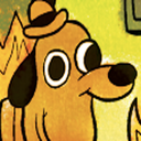 Dog wearing a small hat sits in front of a fire with a blank, calm expression.