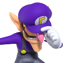 Waluigi tipping his purple cap with a smug, mischievous expression.
