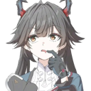 Anime girl with gray hair and red horns touching her chin in a thoughtful, suspicious expression.
