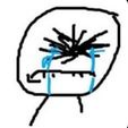 A crudely drawn face with a scribbled head and blue tears streaming down, expressing intense distress.