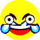 Yellow face with distorted, wide eyes and blue tears streaming down, laughing hysterically.