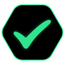 Checkmark inside a glowing green hexagon.