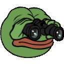 Pepe the Frog looking through black binoculars with wide eyes.