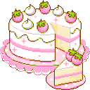 Strawberry cake with white frosting and pink accents sits on a plate with a slice cut out.