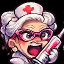 An anime-style nurse with white hair and pink glasses shouting while holding a large syringe.
