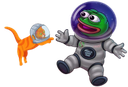 Pepe the Frog wearing a white astronaut suit with a helmet, floating next to an orange dinosaur.