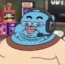 Gumball Watterson wearing a headset with a wide, smug grin and a distorted, overweight appearance.