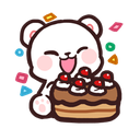 Milk bear character happily eating a chocolate cake surrounded by colorful balloons.