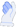 A stylized hand gesture with a blue palm and fingers held up in a dismissive stop motion.