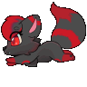 A small black and red fox character running in a repeating pixel animation loop.