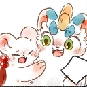 Two fluffy white creatures hugging each other with happy expressions.