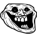 Trollface with a wide, mischievous grin and dark eyes.