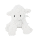 A small, white, fluffy lamb plush toy sitting and looking forward.