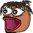 Pepe the Frog face styled as Juice WRLD with dreadlocks and a wide open mouth expressing shock or excitement.
