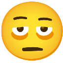 Yellow face emoji with heavy eyelids and dark circles under eyes looking completely exhausted.
