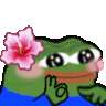 Pepe the frog with a pink flower behind its ear and a blushing face making an okay hand gesture.