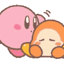 Kirby gently pats a Waddle Dee on the head repeatedly in a cute animation.