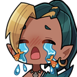 Namor with a chibi art style crying uncontrollably with blue tears and small fish swimming in them.