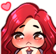 A shy anime girl with red hair blushing with a pink heart floating above her head.
