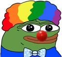Pepe the Frog wearing a rainbow clown wig, a red nose, and a blue bowtie.