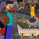 Steve from Minecraft with a robotic cyborg half-face and glowing red eye.
