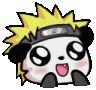 A cute panda with spiky blonde hair and a leaf village headband smiling happily.