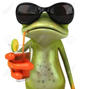 A 3D green frog wearing black sunglasses and holding a cocktail with a straw.