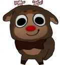 A cute brown cartoon reindeer with large eyes and a bright red nose.