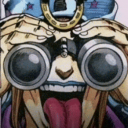 Johnny Joestar peering through binoculars with a wide-eyed expression and his tongue sticking out.