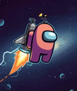 Purple Among Us crewmate flying away into space using a jetpack.