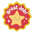 Smiling yellow star character on a red scalloped badge with the text Great Job.