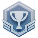 Silver trophy icon centered within a blue hexagonal badge.