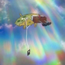 SpongeBob floats in a rainbow void while wearing wired headphones connected to a phone.