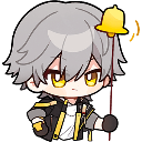 A chibi boy with silver hair and yellow eyes rings a small golden bell.