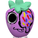 A purple strawberry character with a distressed face and colorful sprinkles melting down one side.