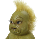 Baby Grinch with a mohawk looking confused and suspicious.