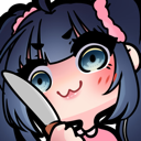 Anime girl with blue hair and a pink outfit holding a kitchen knife with a wide-eyed, mischievous expression.