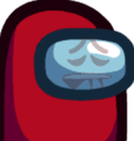 Red Among Us crewmate with a sad, drooping face and blue visor.