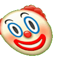 Clown face with red hair and blue eye makeup looking slightly tilted and laughing.