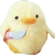 A fluffy yellow duckling holding a small knife with a pink handle in its wing.