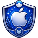 Apple logo centered inside a blue shield badge with a Pokeball icon at the top and a Pikachu silhouette at the bottom.
