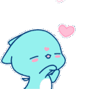 A cute blue creature blowing multiple pink hearts into the air.