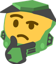 Master Chief helmet with a yellow thinking face expression and hand on chin.