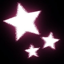 Three glowing white stars with a pink aura on a black background.
