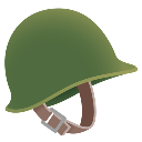 Military helmet in olive green with brown straps.